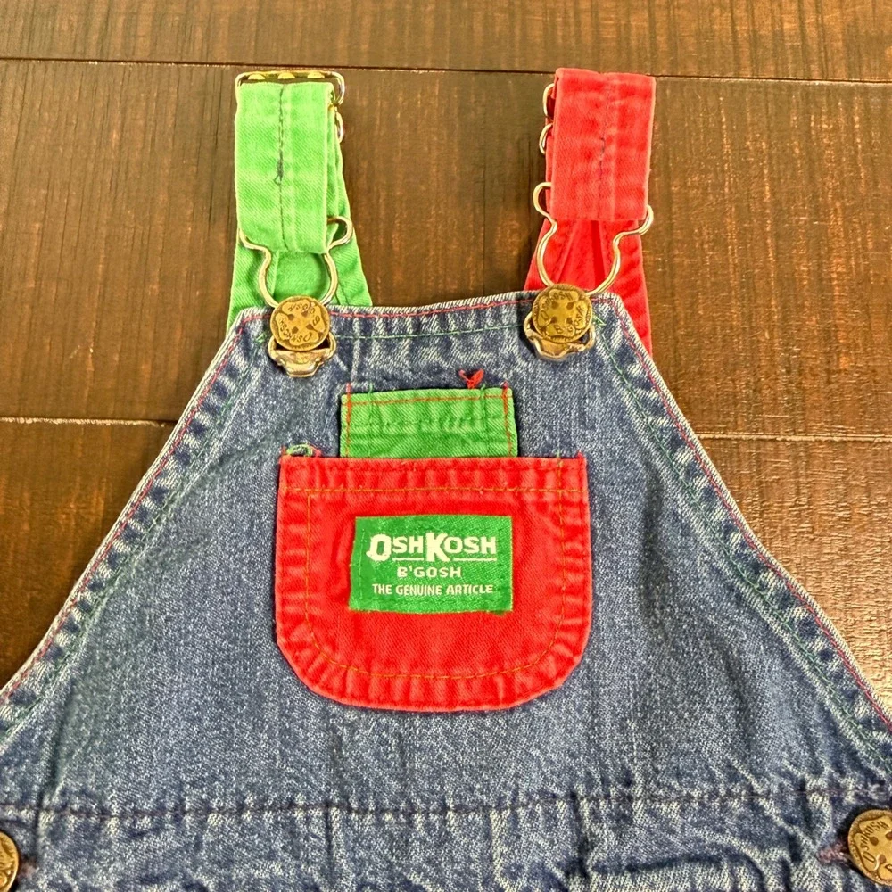 OshKosh B'gosh Overalls Kids 18M Blue Red Green Denim Vintage USA Bear Patch Fat